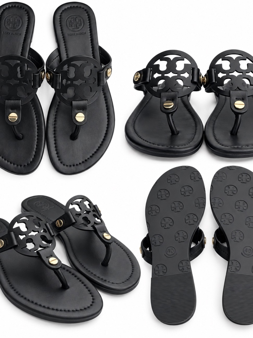 Tory Burch Black Leather Logo Thong Sandals with Gold Accents